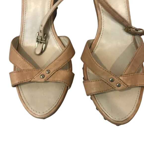 UGG Australia Tan Leather Wedge Sandals Shearling Footbed Studded Size 8.5 - Picture 6 of 12